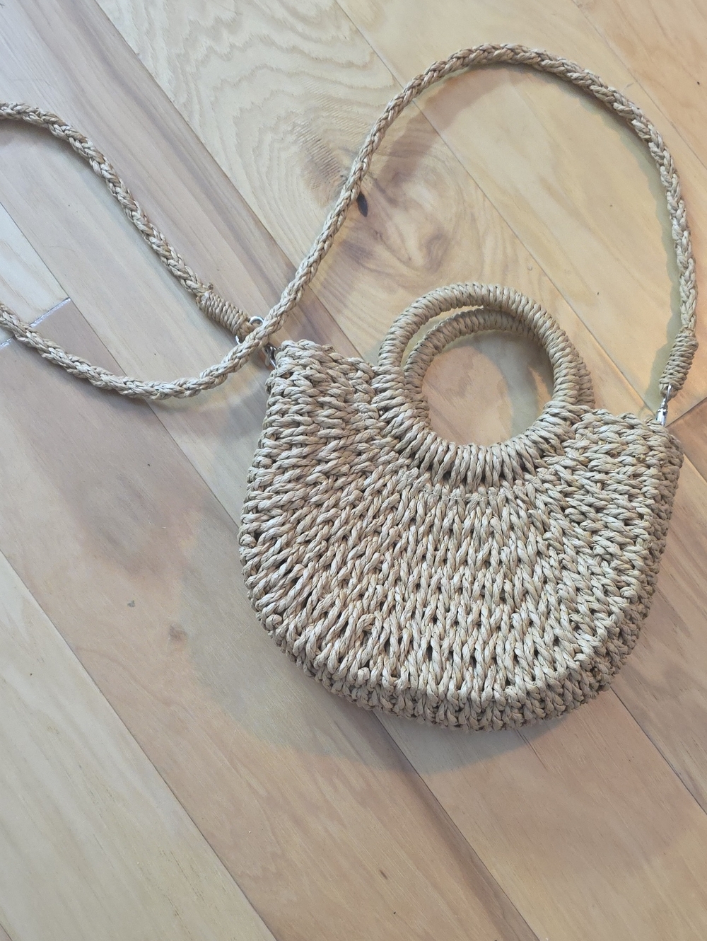 Woven Round Handle Straw Crossbody Bag - Natural